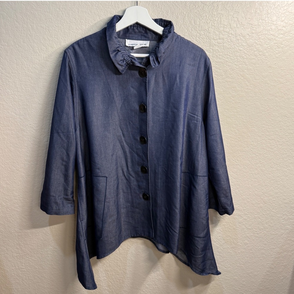 Caroline Rose Dark Denim Blue Cinched Collar Button Front Shark Bite Hem Tunic L